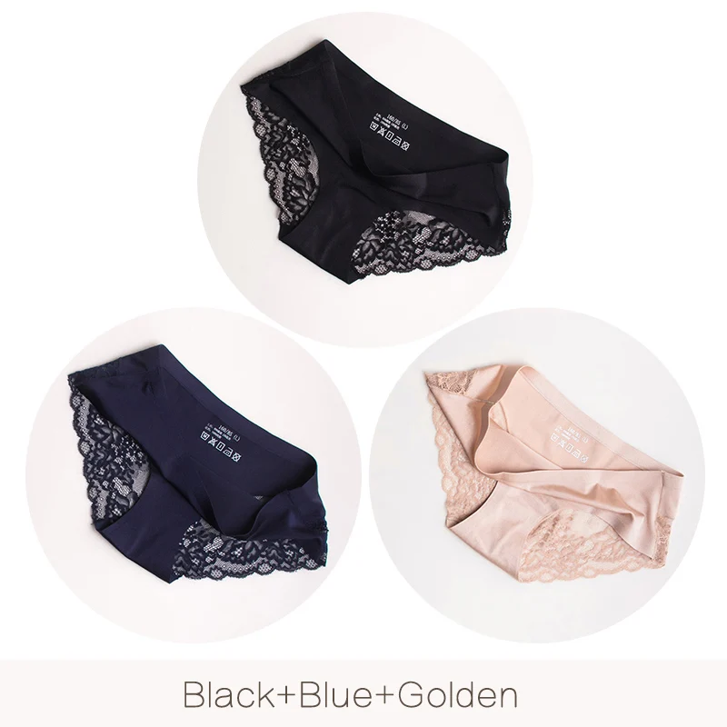 Black Blue Golden Женские бесшовные трусы DULASI, откровенные нейлоновые трусы с хлопковой ластовицей и прозрачным кружевом, 3 шт./набор - Цвет: Black Blue Golden