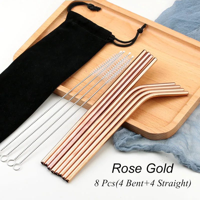02 Rose Gold 8 шт многоразовые соломинки из нержавеющей стали для питья Металлические Прямые изогнутые соломинки из нержавеющей стали с чистящей щеткой вечерние аксессуары для бара - Цвет: 02 Rose Gold