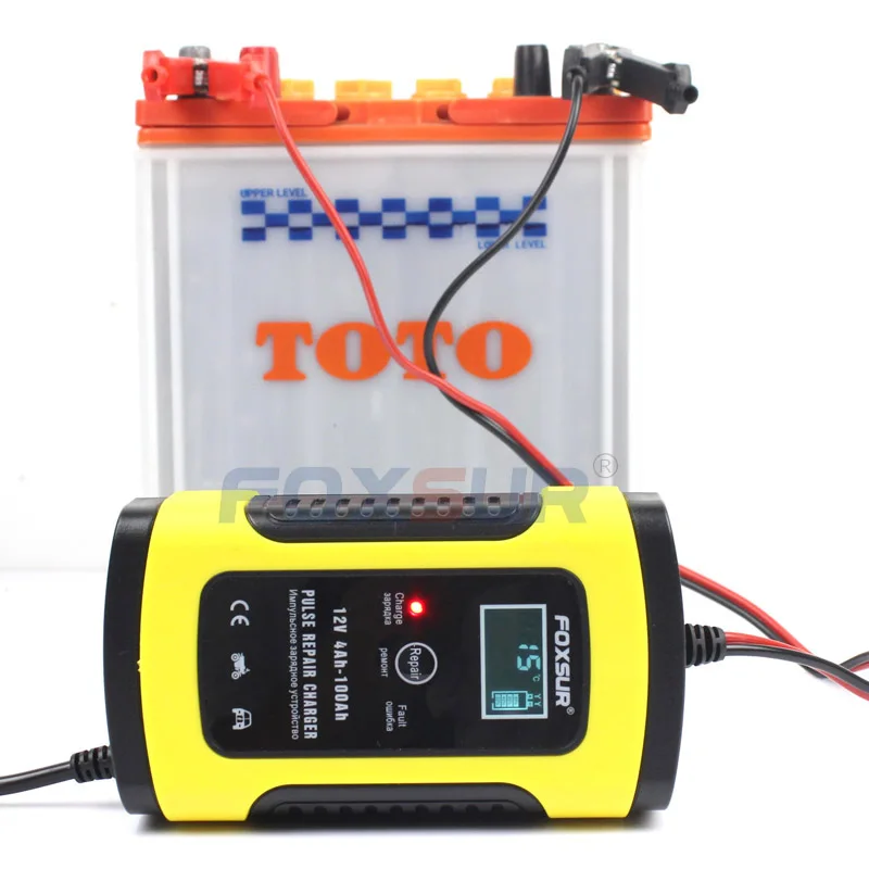 FOXSUR 12V 5A импульсное Ремонтное зарядное устройство с ЖК-дисплеем, зарядное устройство для мотоциклов и автомобилей, 12V AGM гелевое влажное свинцово-Кислотное зарядное устройство