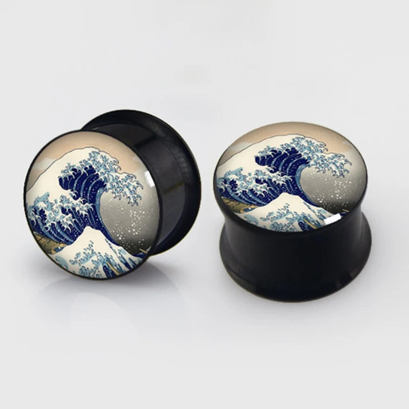 1 пара большой волны черный двойной факел Седло затычки для ушей измерительные