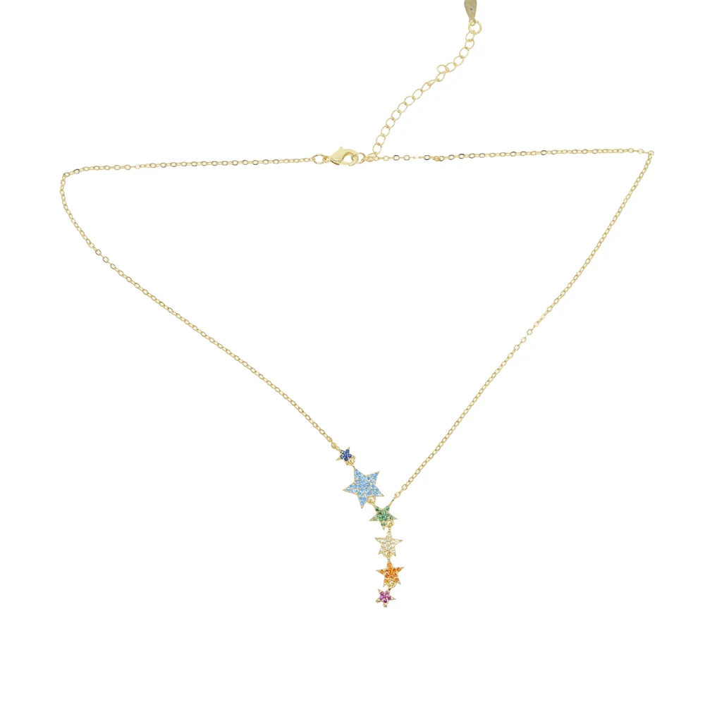 gold filled Women Fashion jewelry Micro pave colorful cz lucky rainbow star link chain sexy multi layer choker charm necklaces | Украшения