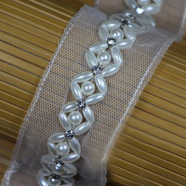 

2yard New Pearl Beaded Trim Rhinestone Lace Ribbon Sewing Clothing Collar Wedding Dress Accessories White Mesh Fabric Decoration