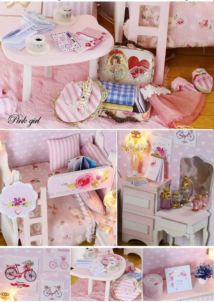 Кукольный дом наборы мебели DIY деревянный кукольный домик миниатюрная головоломка игрушки для детей Розовая Девочка Рождественский подарок для детей DIY Кукольный дом