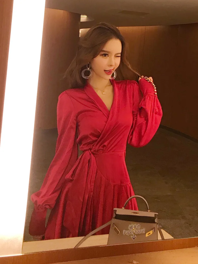Elegant Silk Satin Dress Women Sexy V Neck Lantern Sleeve Ruffle Sash Mini Wrap Dress Ladies A Line Long Sleeve Dress Vestido