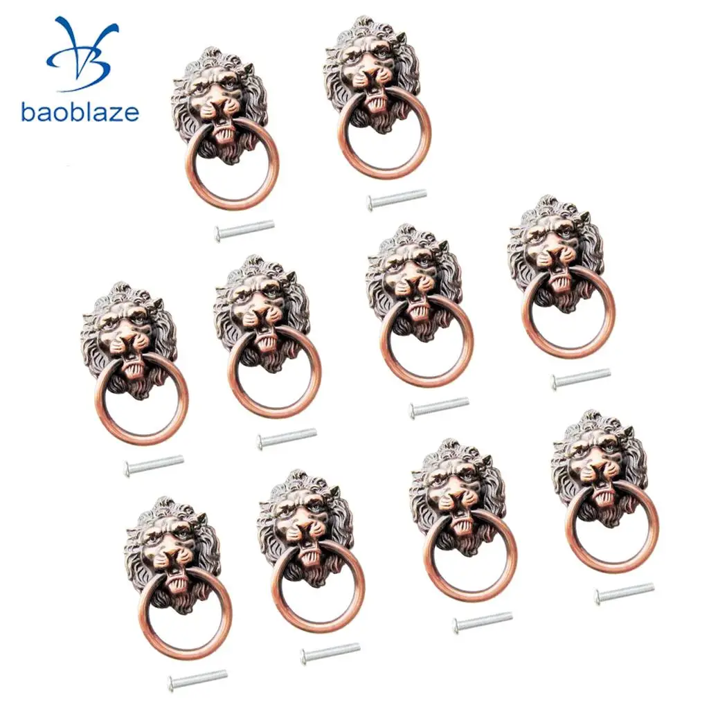 10 шт. Винтажный стиль красная латунная голова льва в форме двери ящика шкафа