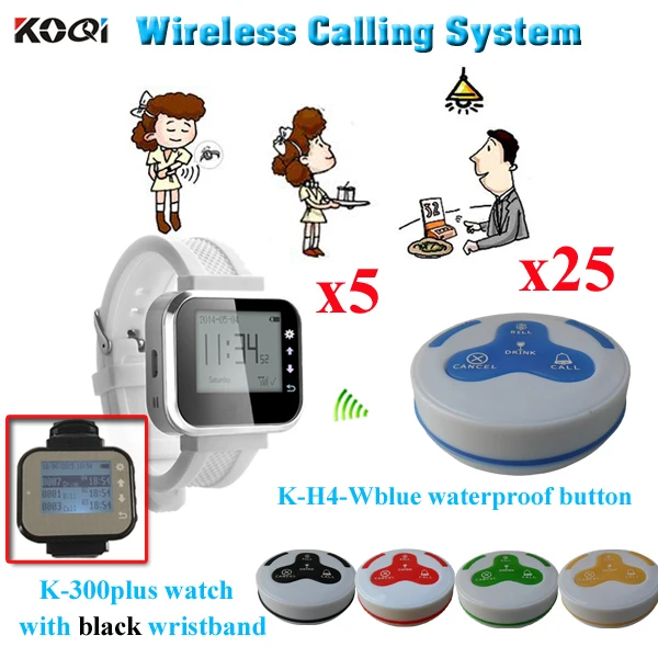 Wireless Waiter Buzzer Call System 5pcs Wrist Watch Receiver K-300plus Work With 25pcs Waterproof Bell K-H4 433.92mhz With CE