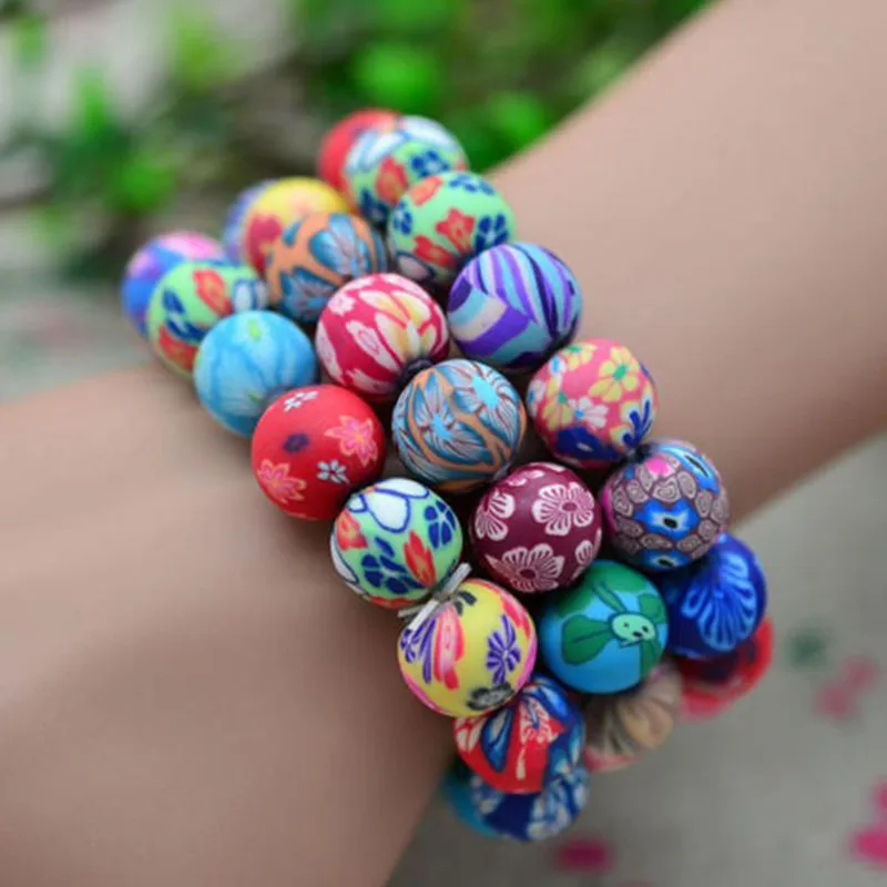 Красочный браслет ручной работы с бусинами из полимерной глины эластичный