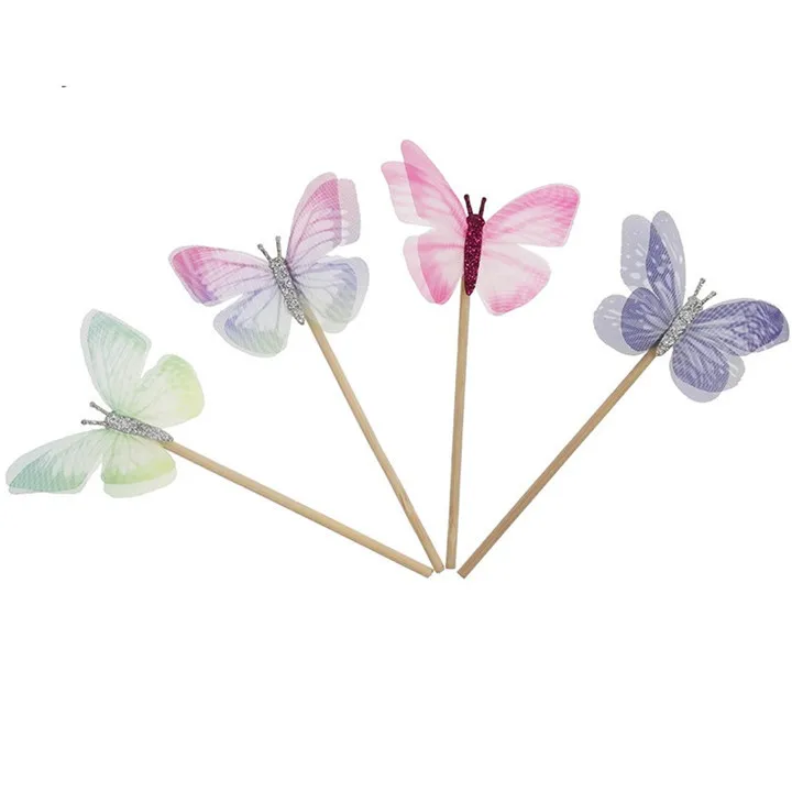 10pc Double-Layer Tulle Colorful Butterfly Cake Flags Cupcake Cake Toppe For Wedding Party Children Birthday Cake Decor Supplies