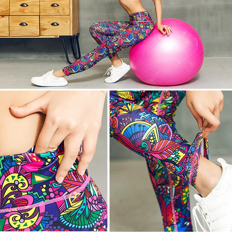 Women Printed Fitness Yoga Pants Running Sports Leggings Gym Clothing High Elasticity Female Slim High Waist With Small Pocket