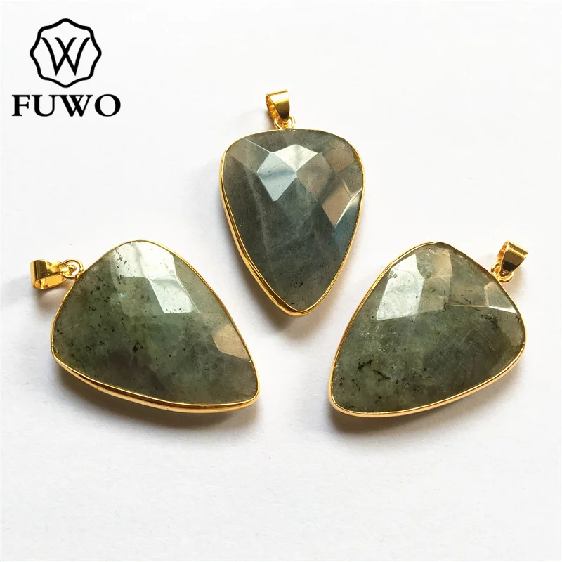 FUWO Fashion Quartz Triangular Pendant With Gold Trimmed Faceted Natural Stone Jewelry Findings Wholesale PD217 | Украшения и