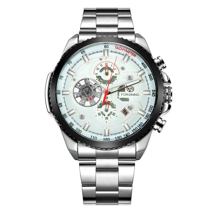SILVER WHITE FORSINING Топ бренд Роскошные автоматические механические часы для мужчин хронограф 3 суб-циферблат Дата Мода Стальной ремешок relogio masculino - Цвет: SILVER WHITE