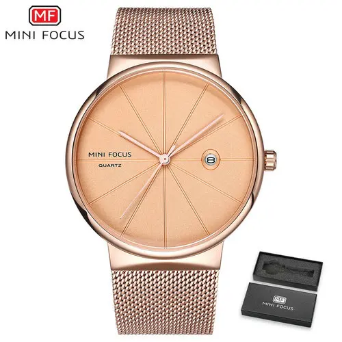 ROSEGOLDEN MINIFOCUS, модные мужские часы, Топ бренд, роскошная одежда, кварцевые часы для мужчин, ультра тонкий синий сетчатый ремешок, авто отображение даты, часы - Цвет: ROSEGOLDEN