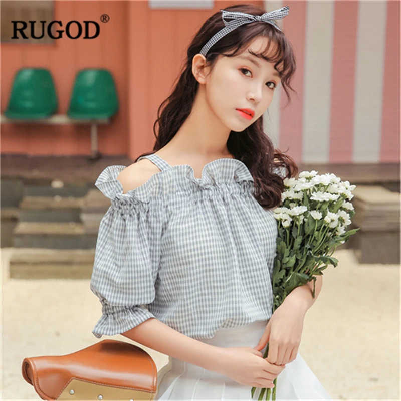 RUGOD женские блузки в клетку с открытыми плечами и коротким рукавом эластичная