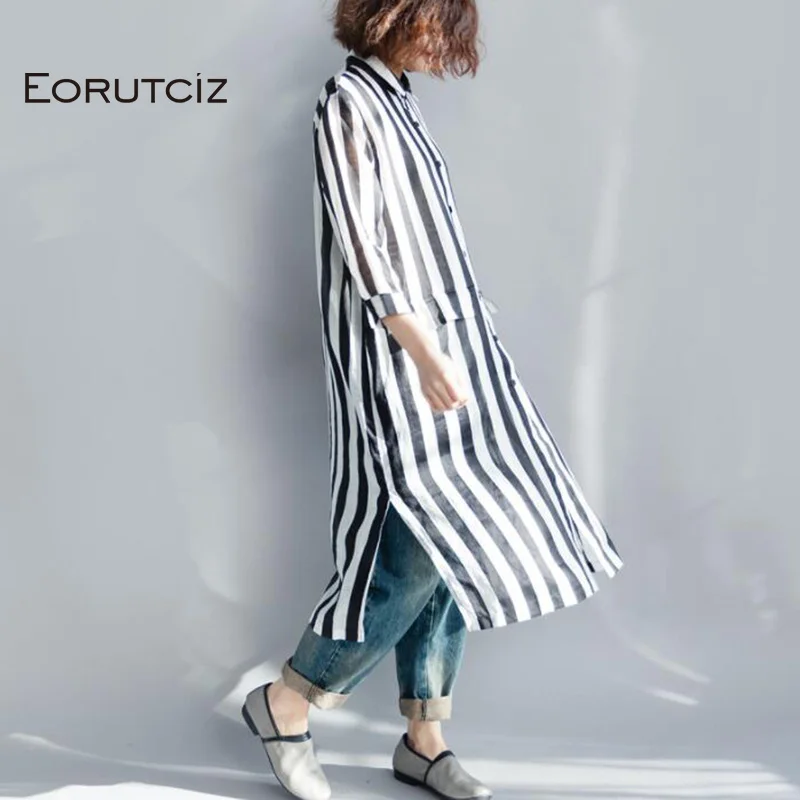 Женское платье рубашка в полоску EORUTCIZ Летнее Длинное Платье стиле оверсайз из