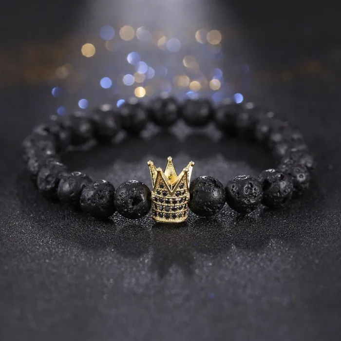 Micro Pave кубического циркония императорские браслеты с короной бренд для мужчин и женщин Шарм черный Лава Будда бусины браслет ювелирные изделия - Окраска металла: 4