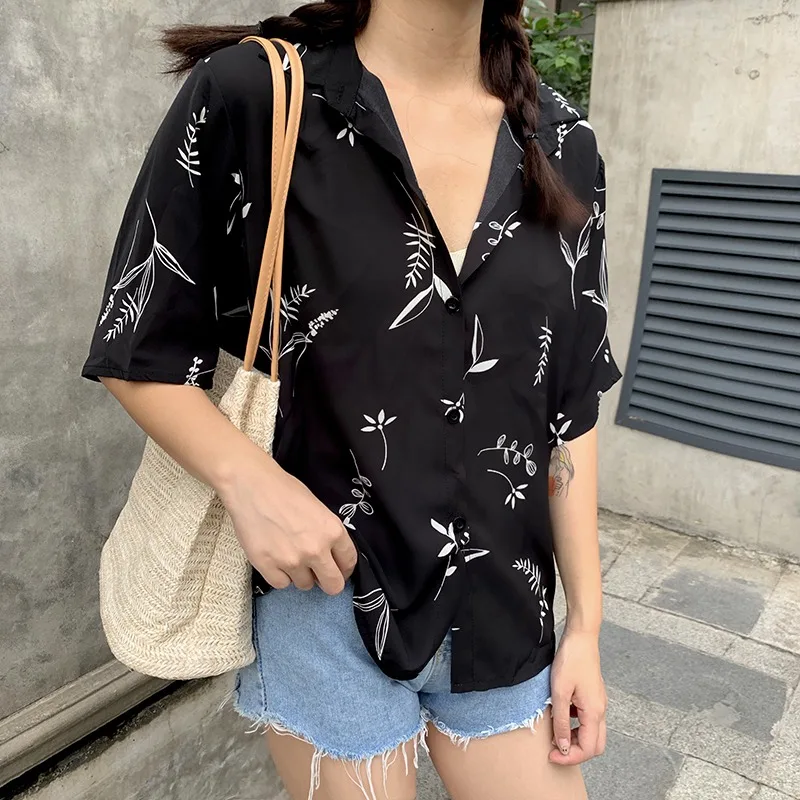 

Chiffon Blouse Women Ladies Shirts Leaves Printed Short Sleeve Chemisier Femme Women Turn Down Collar Loose Casual Tops