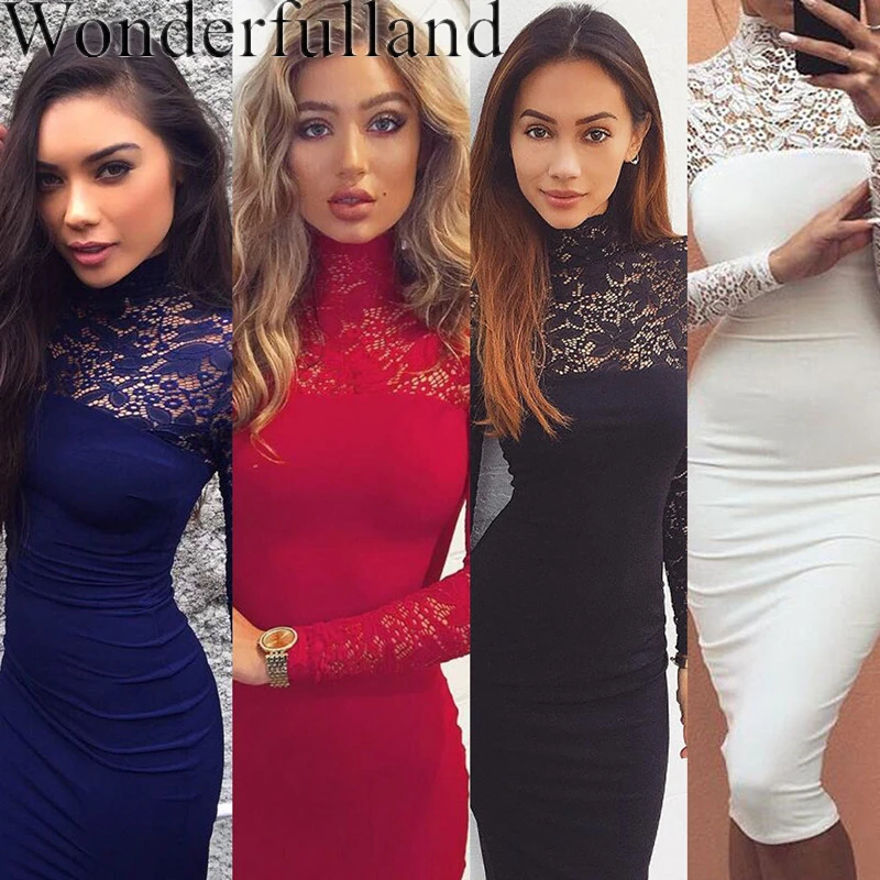 Осень Зима Мода Midi Pencil Dress Женщины Водолазка С Длинным Рукавом Sexy кружева Высокая
