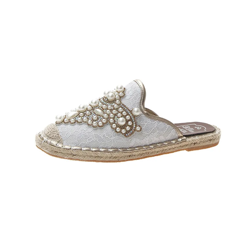 Шлепанцы женские с кристаллами дышащие сетчатые плоская подошва бисер модные