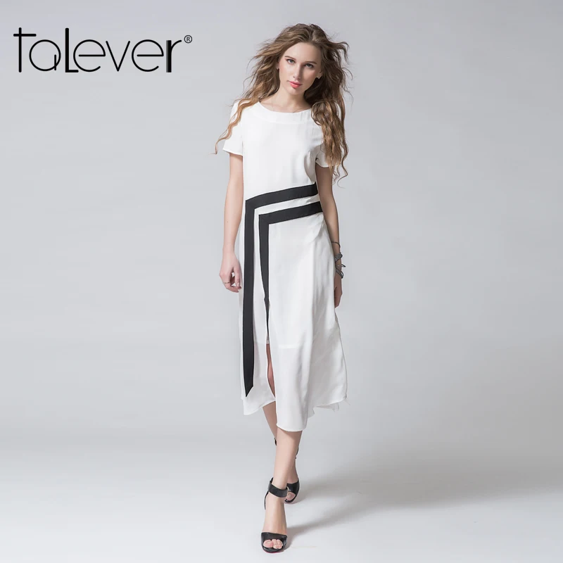 Лето 2017 г. платье Женщины О образным вырезом короткий рукав элегантный разрез