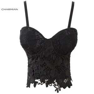 Charmian Plus Size Sexy Floral Lace Bustier Black or White Clubwear Party Crop Bra Corset Top for Women