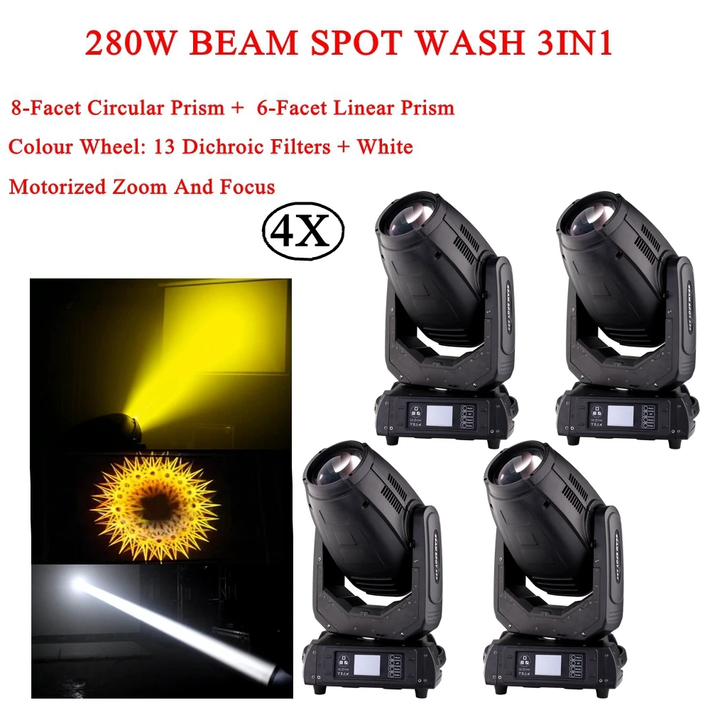 4Pcs/Lot DJ Music Stage 3in1 Effect Lighting Equipment 280W Beam Spot Wash Moving Head Lights Wtih Motorized Zoom Night Light