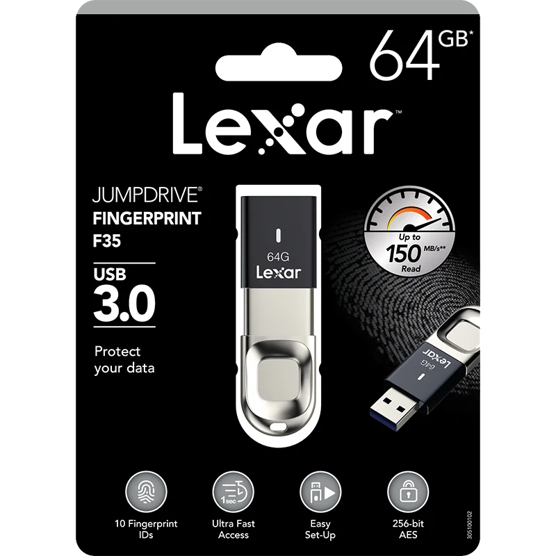 Lexar 32 ГБ, 64 ГБ, 128 г USB3.0 U диск F35 Скорость чтения 150 МБ/с. металл отпечатков пальцев шифрование U диск защиты конфиденциальности и безопасности