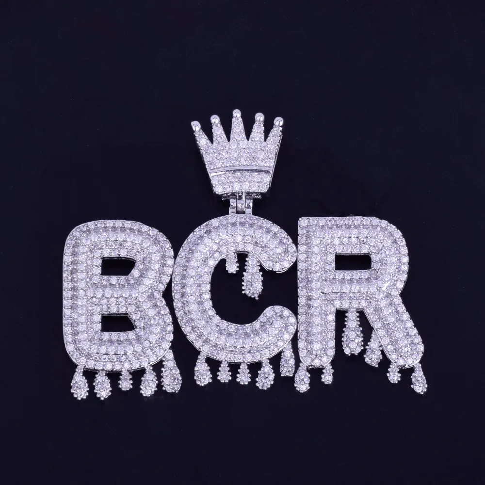 Bubble Letter Custom Name Necklace for Men Personalized Pendant Crown Drippy Charms Cubic Zircon Hip Hop Jewelry Iced Out