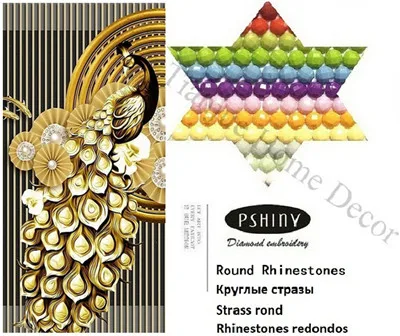 Round Rhinestones PSHINY 5D DIY Алмазная вышивка распродажа золотисто-черные павлины полная дрель квадратные Стразы картины алмазная живопись Новые поступления - Цвет: Round Rhinestones