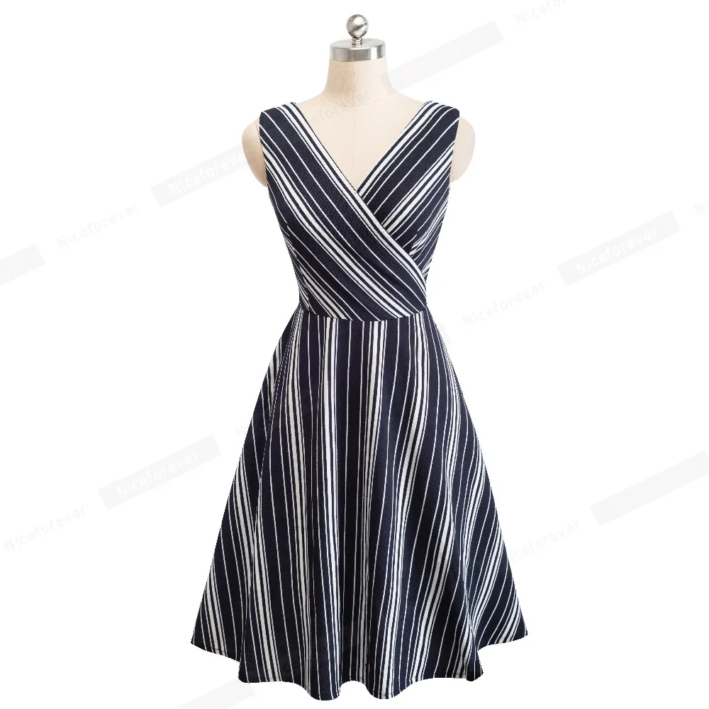 Nice-forever Винтаж полосы печатных сексуальный v-образный вырез кинозвезды vestidos