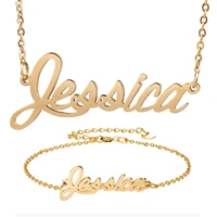 fashion stainless steel name necklace bracelet set jessica script letter gold choker chain necklace pendant nameplate gift