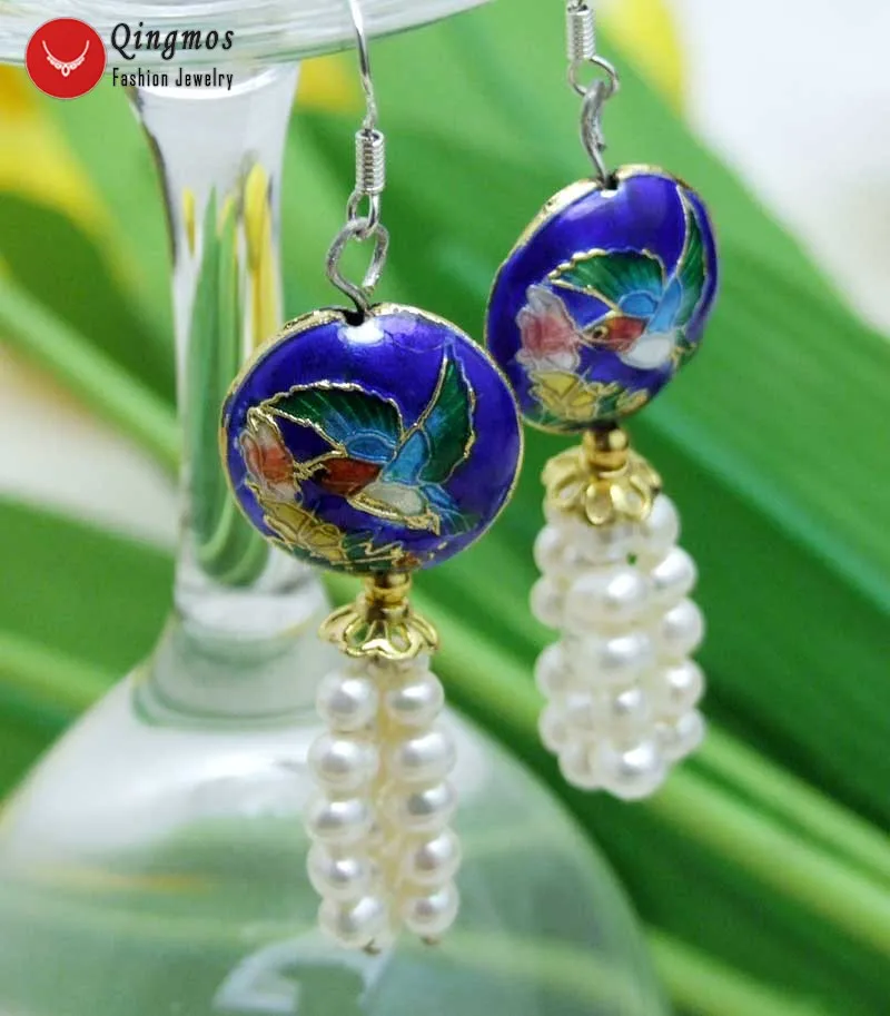 

Qingmos Trendy Cloisonne & Natural 4-5mm White Pearl Earrings for Women with Blue Coin Cloisonne Hummer Dangle 2.5'' Earring 522