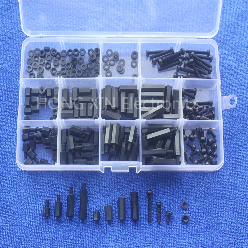 260pcs M3 Black M-F Hex series nylon screws nuts PCB board height hexagon spacer kit complete With box |