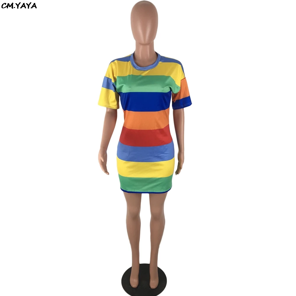 2019 new women summer colorful stripes o-neck short sleeve above knee mini dress fashion classic casual dresses GLLBXZ6140 | Женская