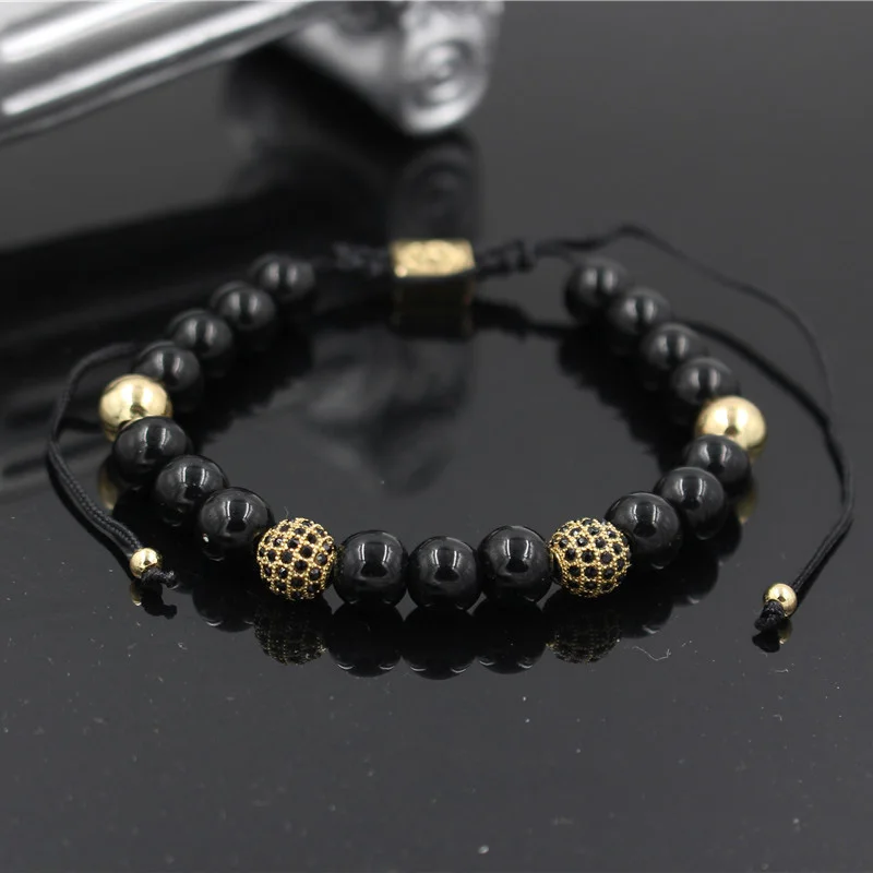 PINIYA мужской натуральный черный матовая каменная бусина проложить CZ медный шар