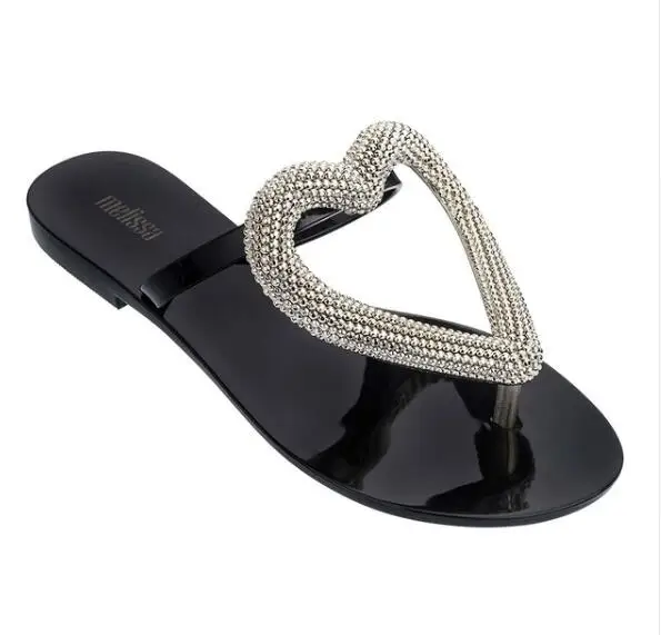 Melissa/обувь в Корейском стиле; Модные женские прозрачные пляжные сандалии; женские флип-флопы на плоской подошве; женские летние шлепанцы с сердечками - Цвет: black