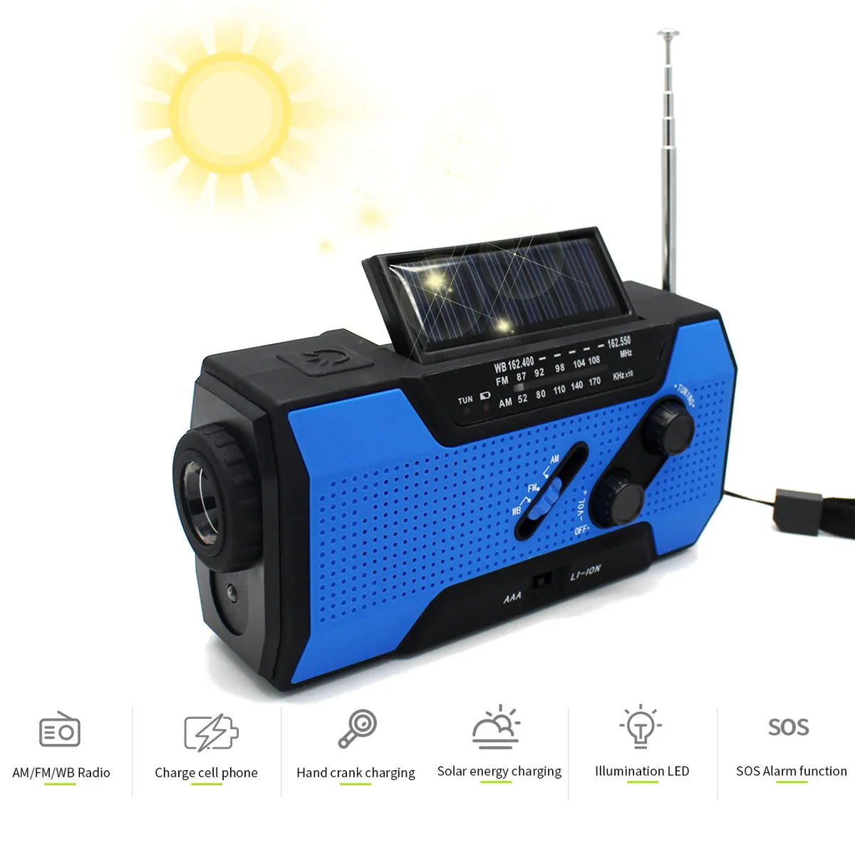 Солнечный цифровой кривошипный аварийный AM/FM WB Погодный портативный радио фонарик Солнечный внешний аккумулятор 2000 мАч перезаряжаемый