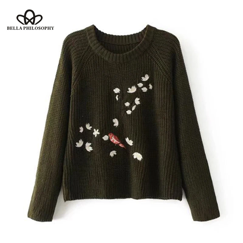 Bella Philosophy Autumn Winter Sweater Women Embroidery Female Knitting Long Sleeve Pullover Ladies Casual Jumper | Женская одежда