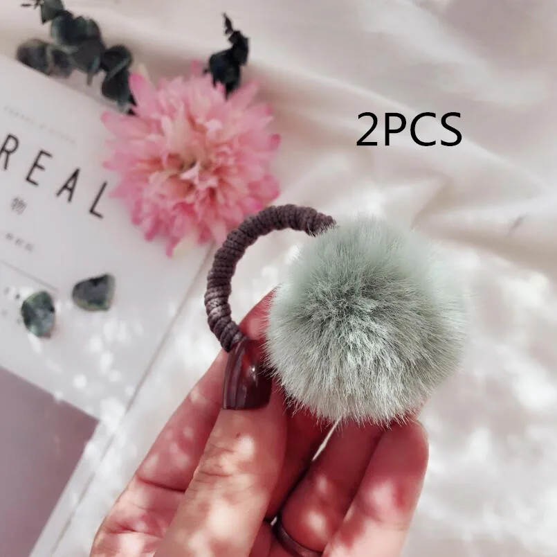 2pcs-green 2-5 шт 5 см помпон блестящий зажим для волос шерстяной шарик толстые эластичные резинки для волос Галстуки Детские волосы для девочек Аксессуары подарок - Цвет: 2pcs-green