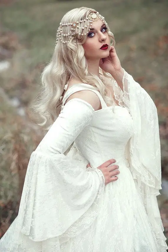 MZYCH04 Vintage Renaissance Белое Свадебное Платье Celtic Средневекового Белл Рукава