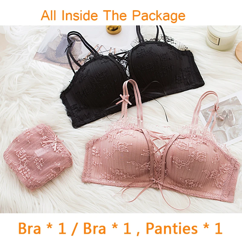 Sexy Push Up Bra Sets Add Two Cups Floral Brassiere Lace Bras for Women A B cups Briefs Underwear With Panties Lingerie | Женская одежда