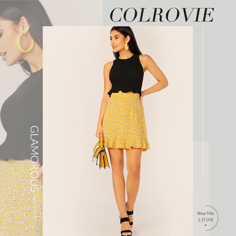 COLROVIE, Черный гофрированный подол, вязанный, элегантный, короткий топ, женский, лето, белый, корейский, тонкий, розовый, сексуальный, для женщин, милые футболки