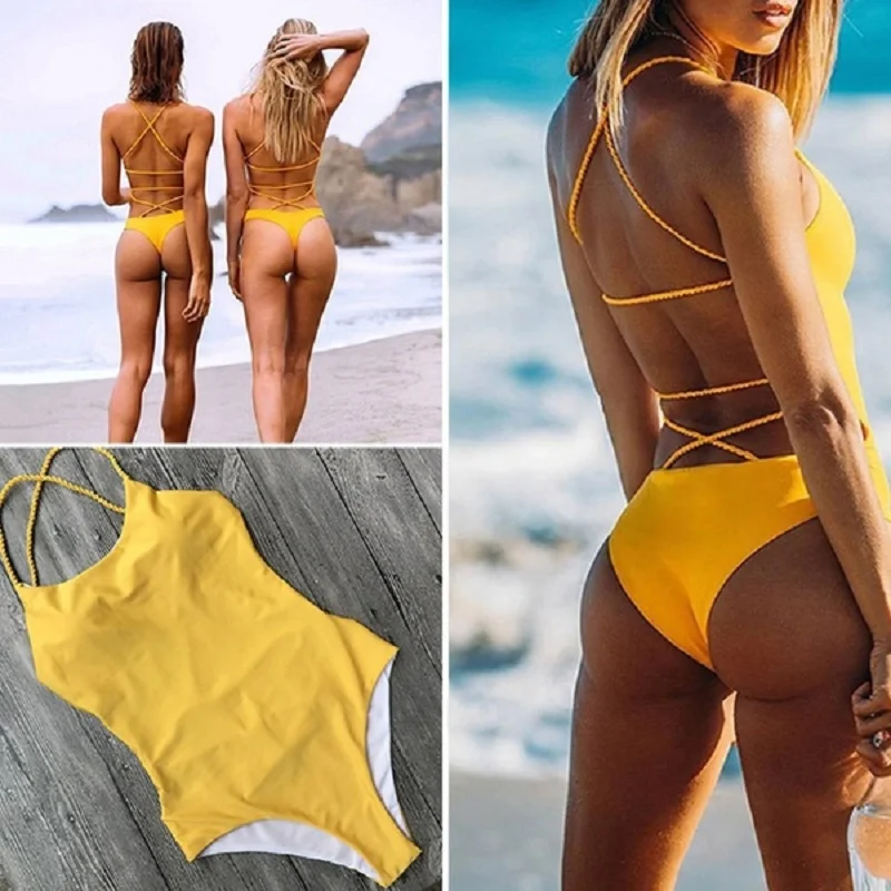 

Free shipping four colors 2018 Bandage One Piece Swimsuit Solid Women Swimwear Halter Bathing Suit Women Sexy Bikini Beachwear