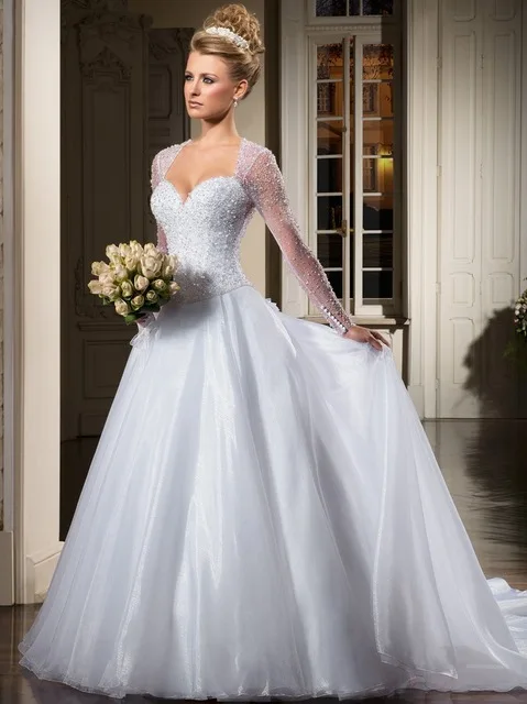 

Brazil Designer White Sweetheart Luxuriant Button Back Beaded Ball Gown Long Sleeve Vestidos De Noivas