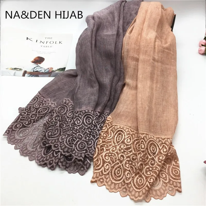 Fashion luxury floral lace with plain solid viscose shawl foulard muslim echarpe women scarf hijabs bandana 10pcs fast shipping |