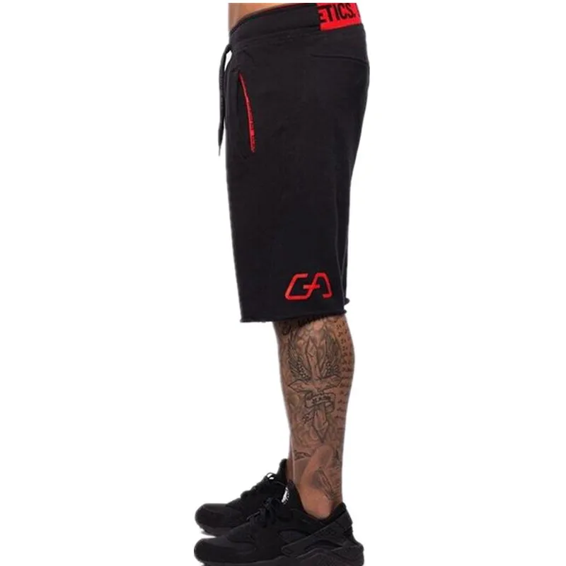 Black red Летние новые хлопковые мужские шорты до середины голени для тренажерного зала, повседневные красные шорты для бега, спортивная одежда, шорты для бодибилдинга для мужчин - Цвет: Black red