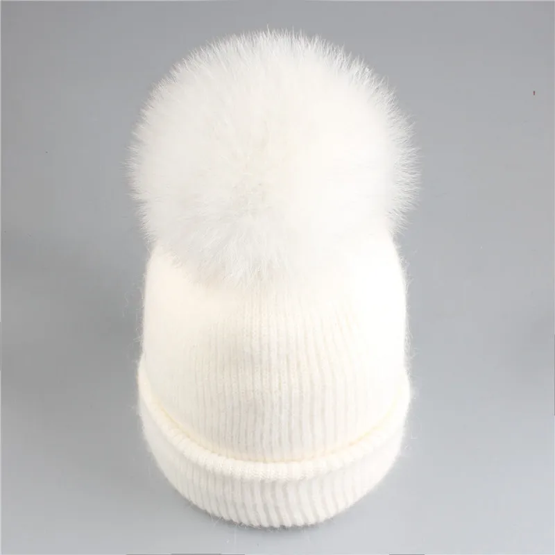 white fox fur Xthree новая простая зимняя шапка из кроличьего меха, шапка с натуральным мехом, шапка с помпоном для женщин, цветная шапка Skullies, теплая Женская шапка - Цвет: white fox fur