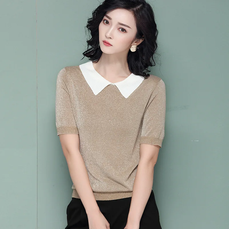 

JoursNeige Knitted Pullovers Women 2018 New Summer Two Wear Method Collars Short Sleeved Stella Filante Jumper Thin Pull Femme