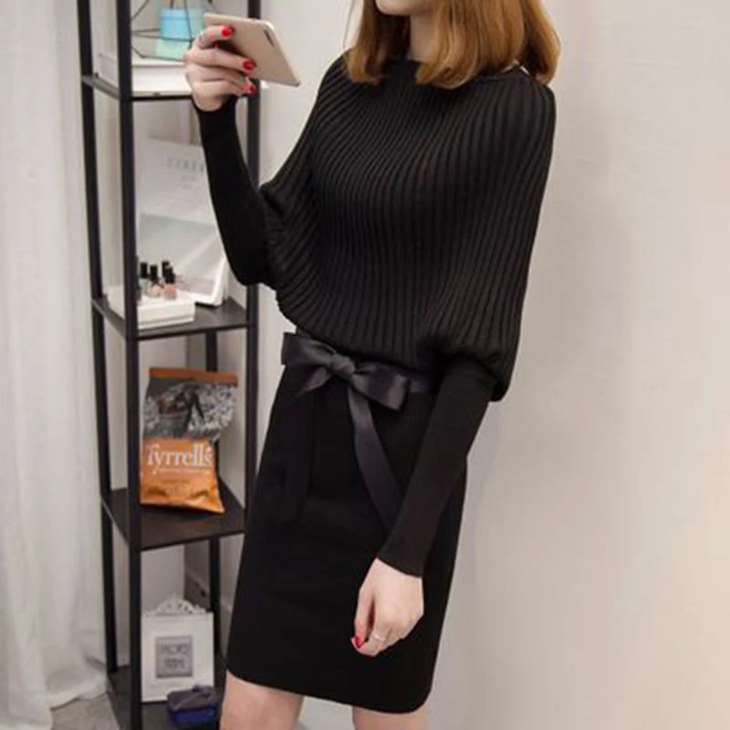 Полосатое платье с бантом женское рукавом летучая мышь теплое трикотажное