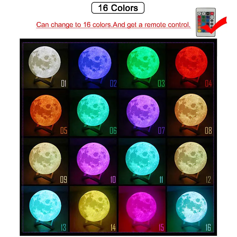 16 Colors Remote 3D принт, лунный светильник, домашний декор, подарок для маленького ребенка, новинка, светодиодный ночник, лунный светильник, 16 цветов, сменный пульт дистанционного управления, для спальни - Испускаемый цвет: 16 Colors Remote