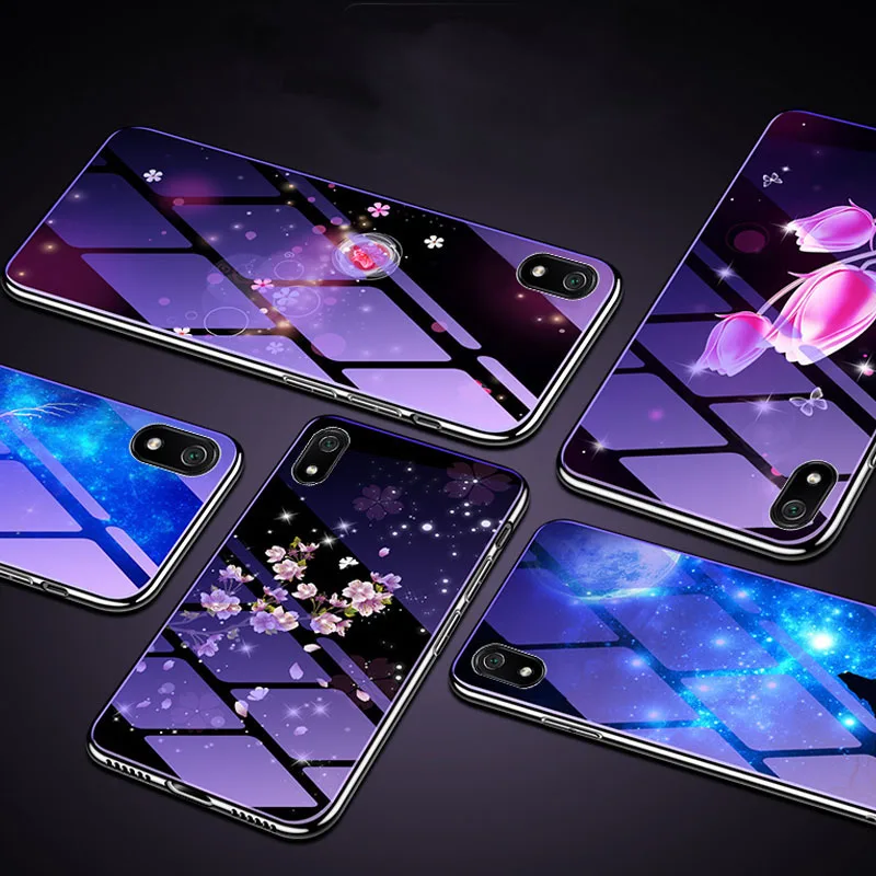 Luminous Cases For Xiaomi Redmi 7A 7 Note Mi 9 8 Lite Tempered Glass PC 2 in 1 Backet Cover Soft Silicone Thin Shell Coque |
